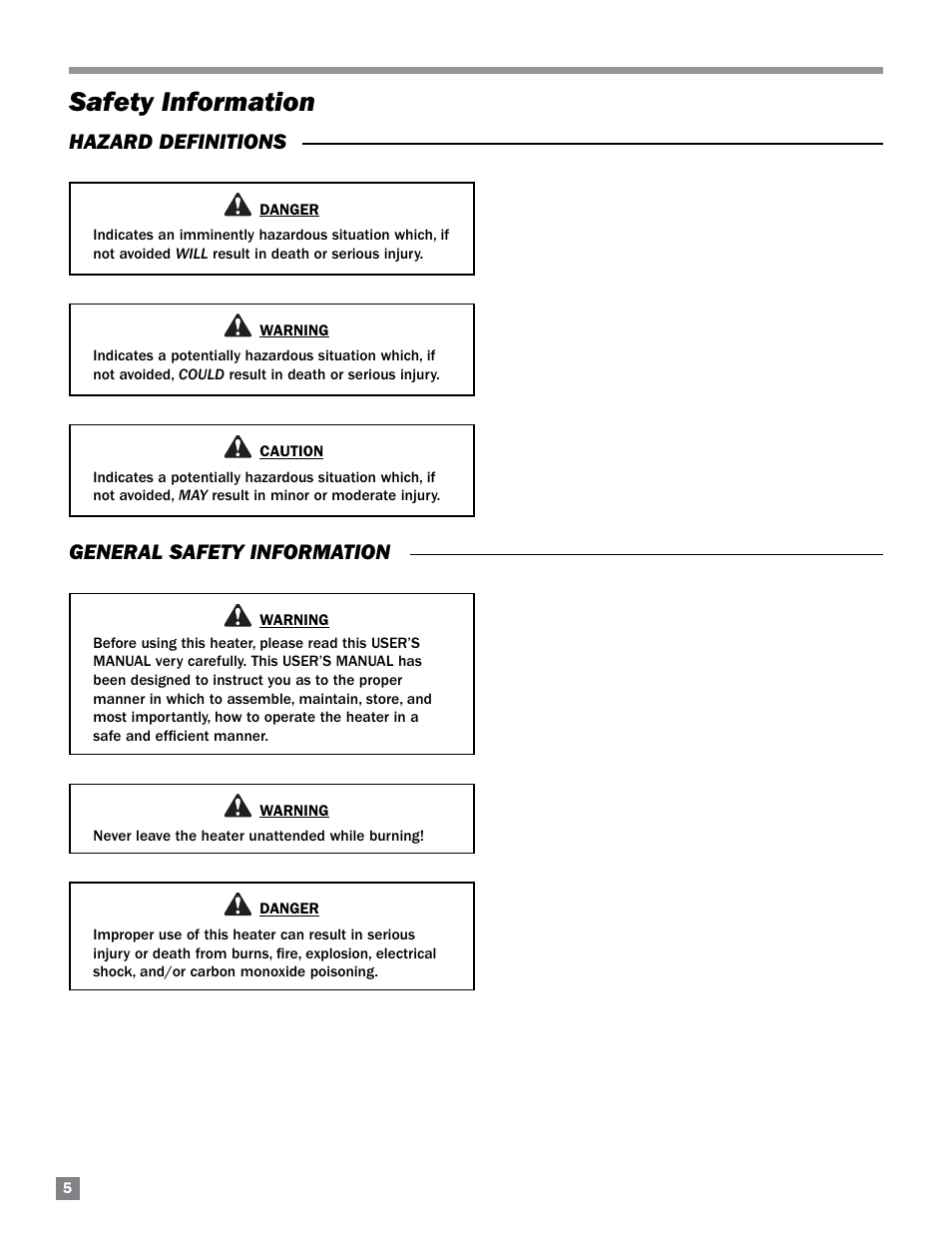 Safety information, Hazard definitions general safety information | L.B. White 125-210K Tradesman User Manual | Page 6 / 30