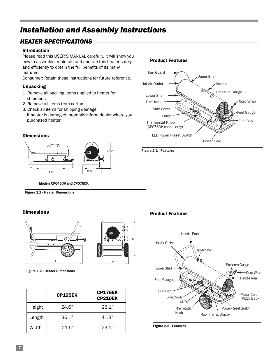 Installation and assembly instructions, Heater specifications, Sions | Introduction, Unpacking, Dimen, Product features, Product features dimen | L.B. White 125-210K Tradesman User Manual | Page 8 / 30