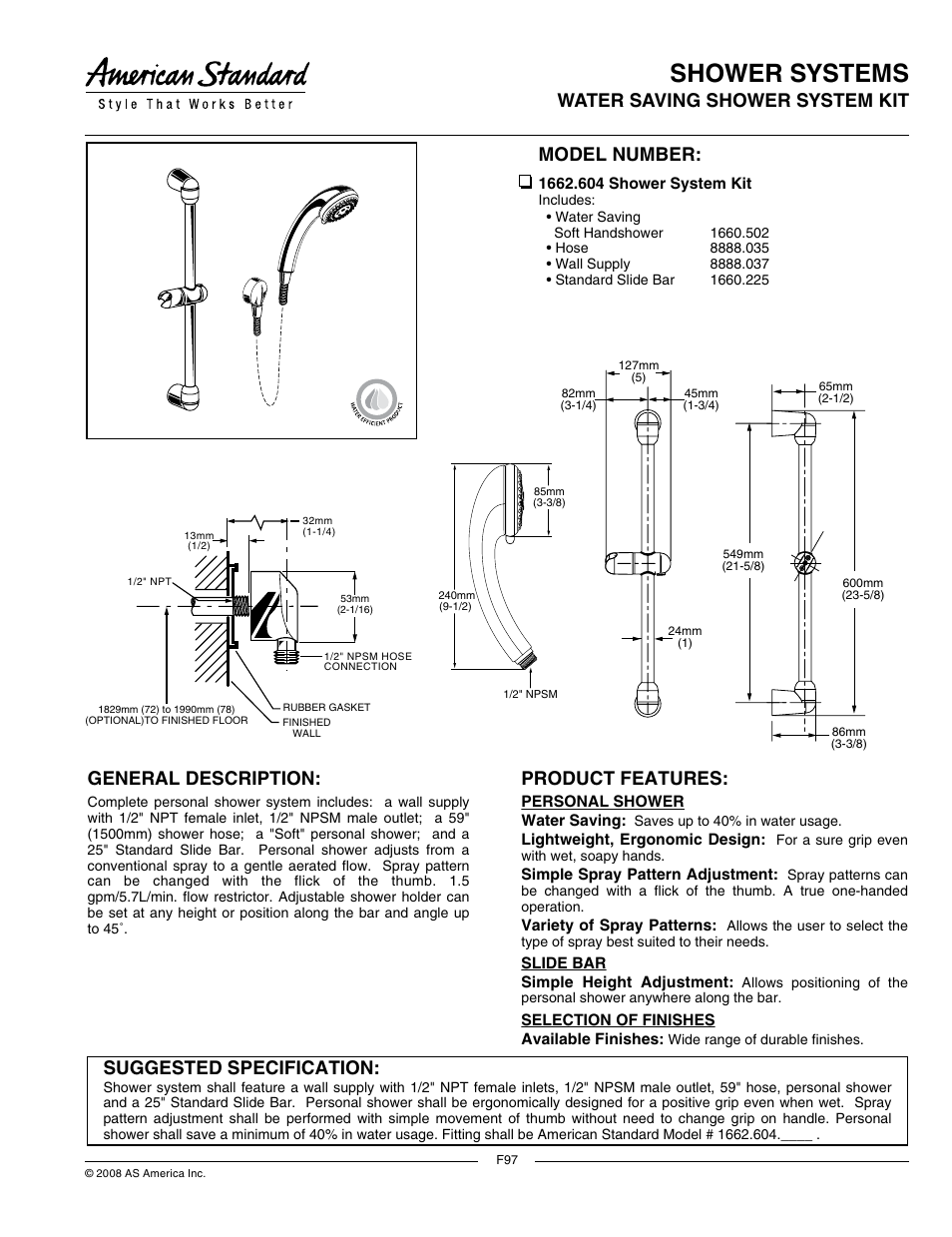 American Standard Shower Systems 8888.037 User Manual | 2 pages