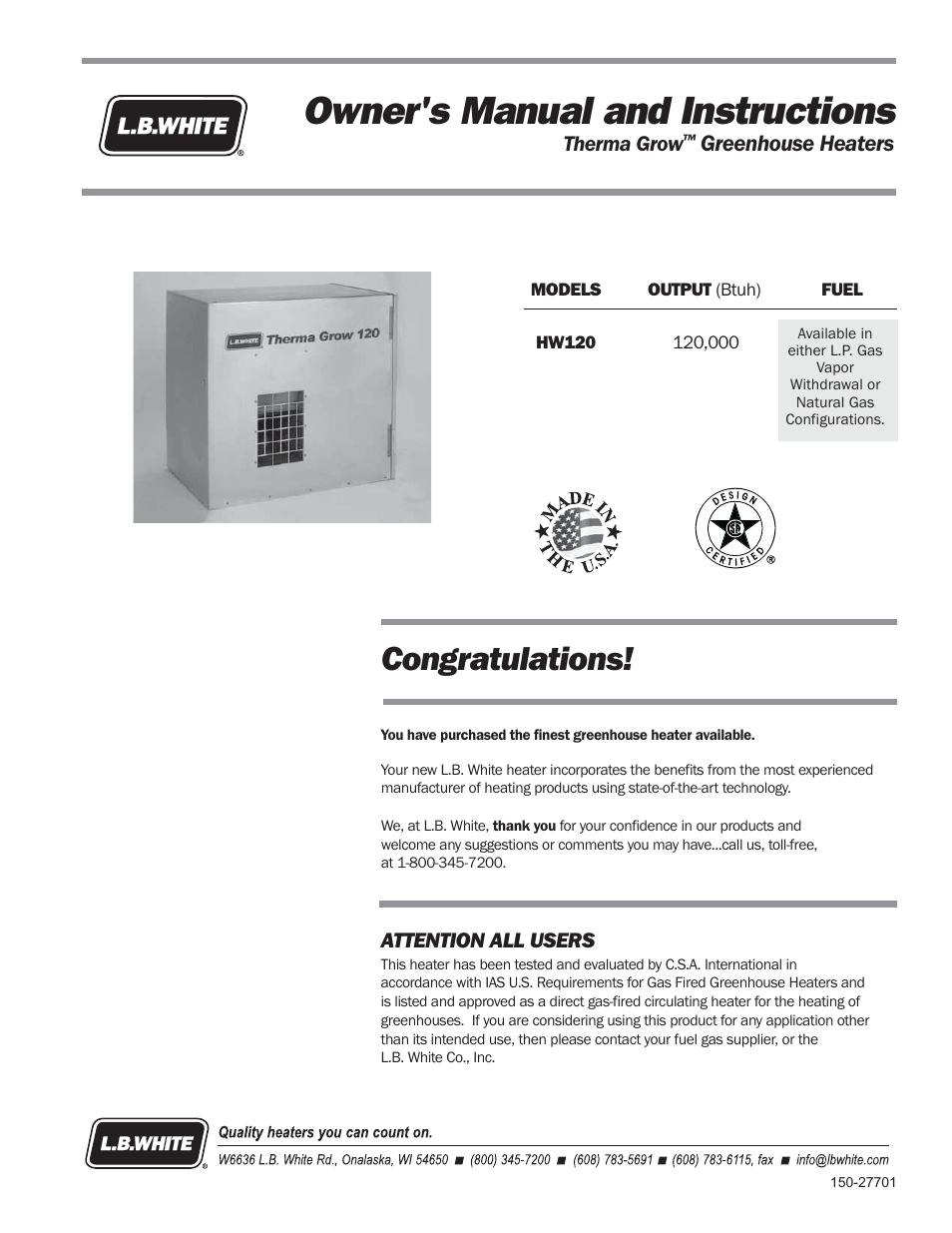 L.B. White HW 120 Therma Grow User Manual | 28 pages