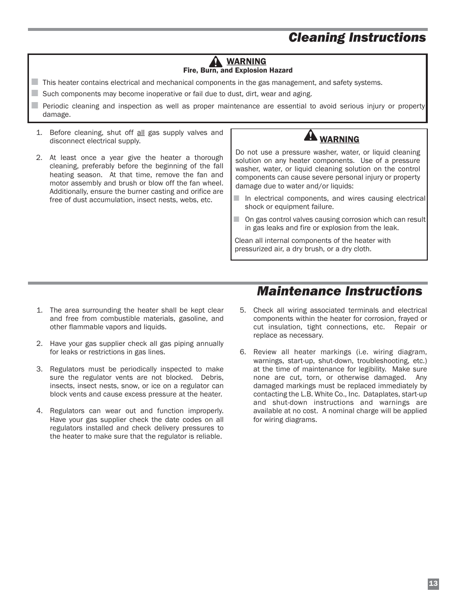 Cleaning instructions, Maintenance instructions | L.B. White HW 120 Therma Grow User Manual | Page 13 / 28