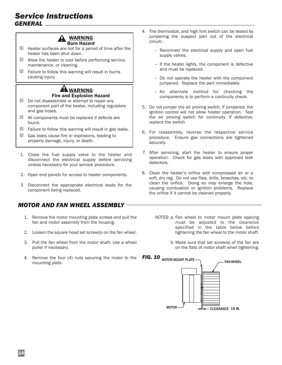 Service instructions, Motor and fan wheel assembly, General | L.B. White HW 120 Therma Grow User Manual | Page 14 / 28