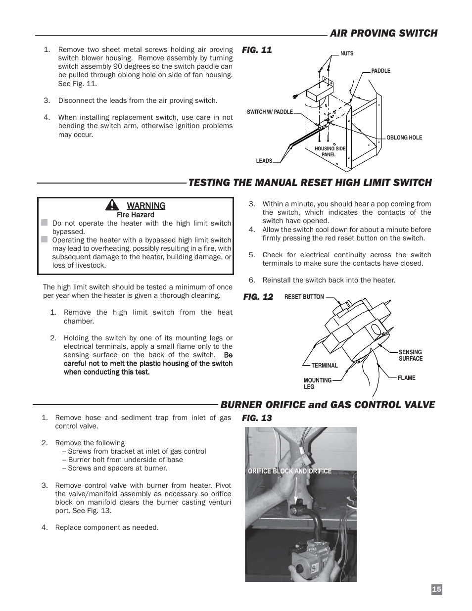 Air proving switch, Testing the manual reset high limit switch, Burner orifice and gas control valve | L.B. White HW 120 Therma Grow User Manual | Page 15 / 28