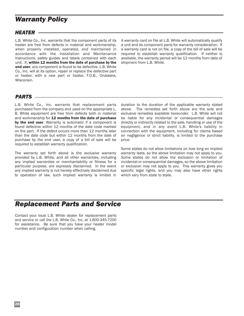 Warranty policy replacement parts and service | L.B. White HW 120 Therma Grow User Manual | Page 28 / 28