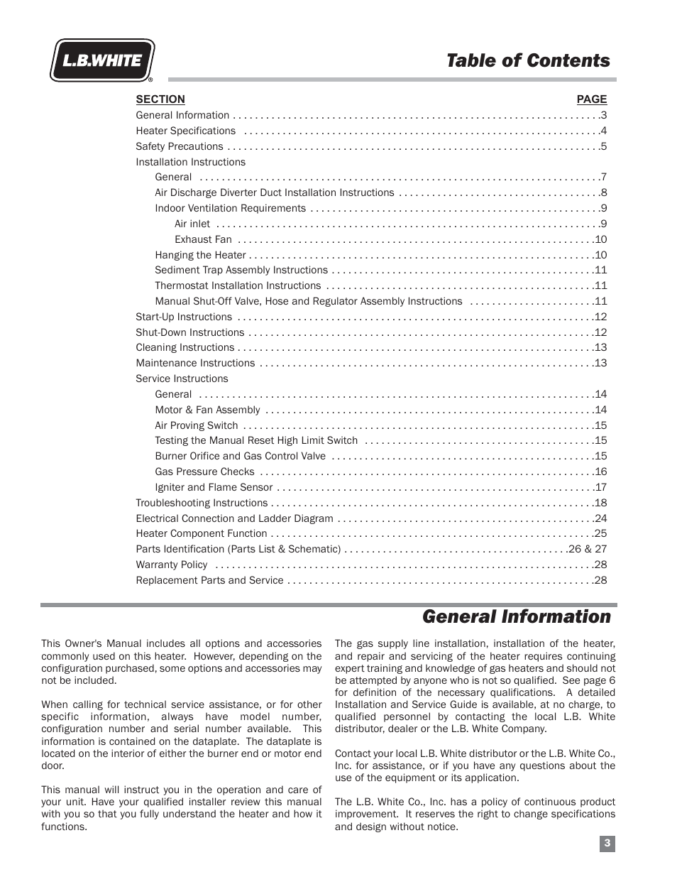 Table of contents general information | L.B. White HW 120 Therma Grow User Manual | Page 3 / 28