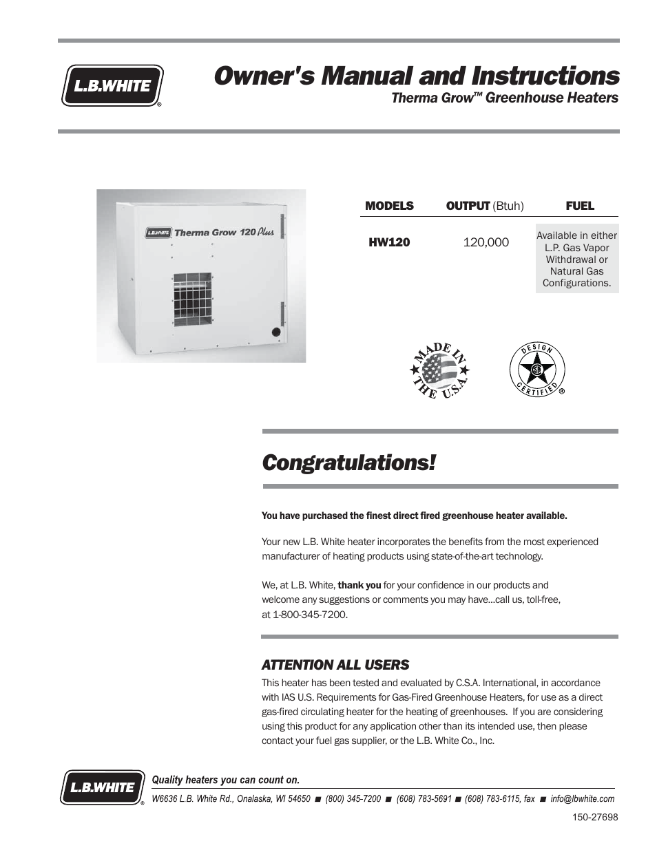 L.B. White HW120 Plus Therma Grow User Manual | 30 pages