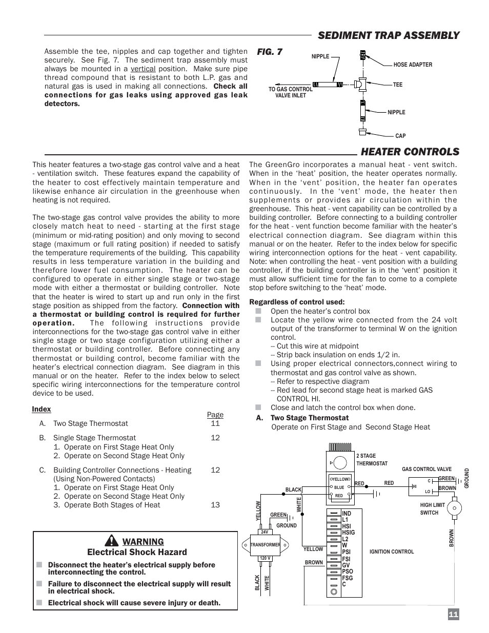 Sediment trap assembly, Heater controls, Fig. 7 | Warning electrical shock hazard | L.B. White HW120 Plus Therma Grow User Manual | Page 11 / 30