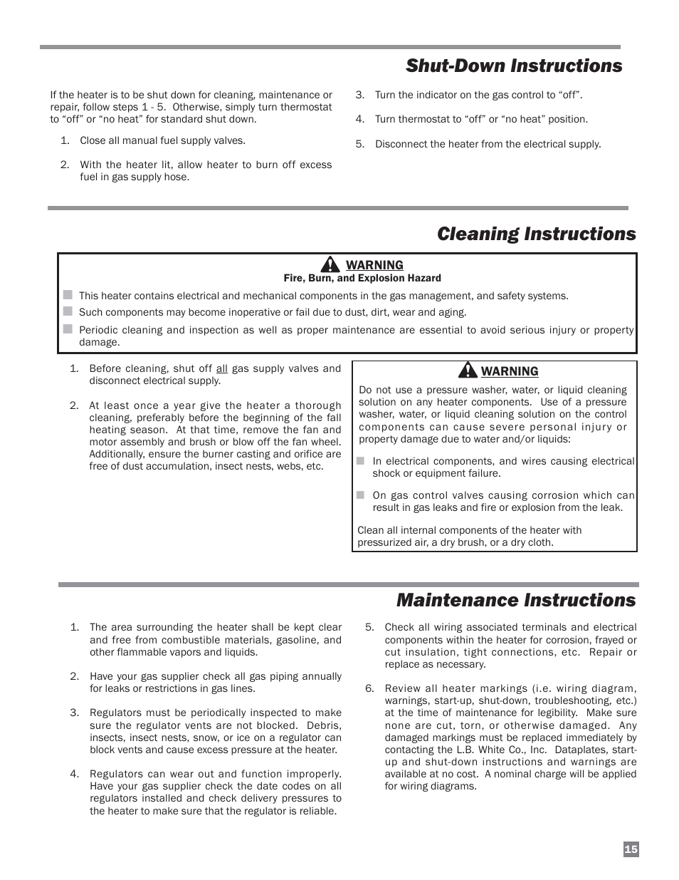 Cleaning instructions, Maintenance instructions, Shut-down instructions | L.B. White HW120 Plus Therma Grow User Manual | Page 15 / 30