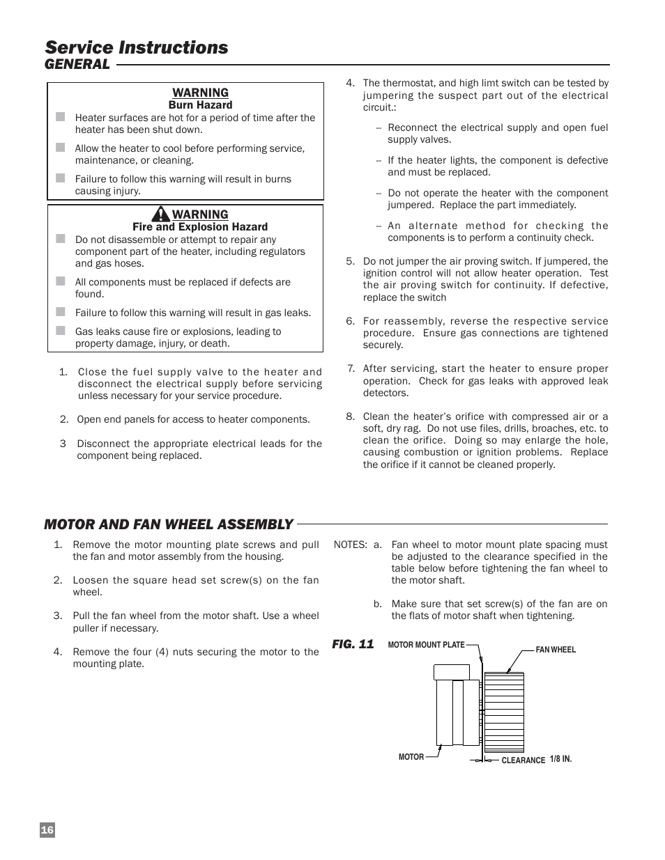 Service instructions, Motor and fan wheel assembly, General | L.B. White HW120 Plus Therma Grow User Manual | Page 16 / 30