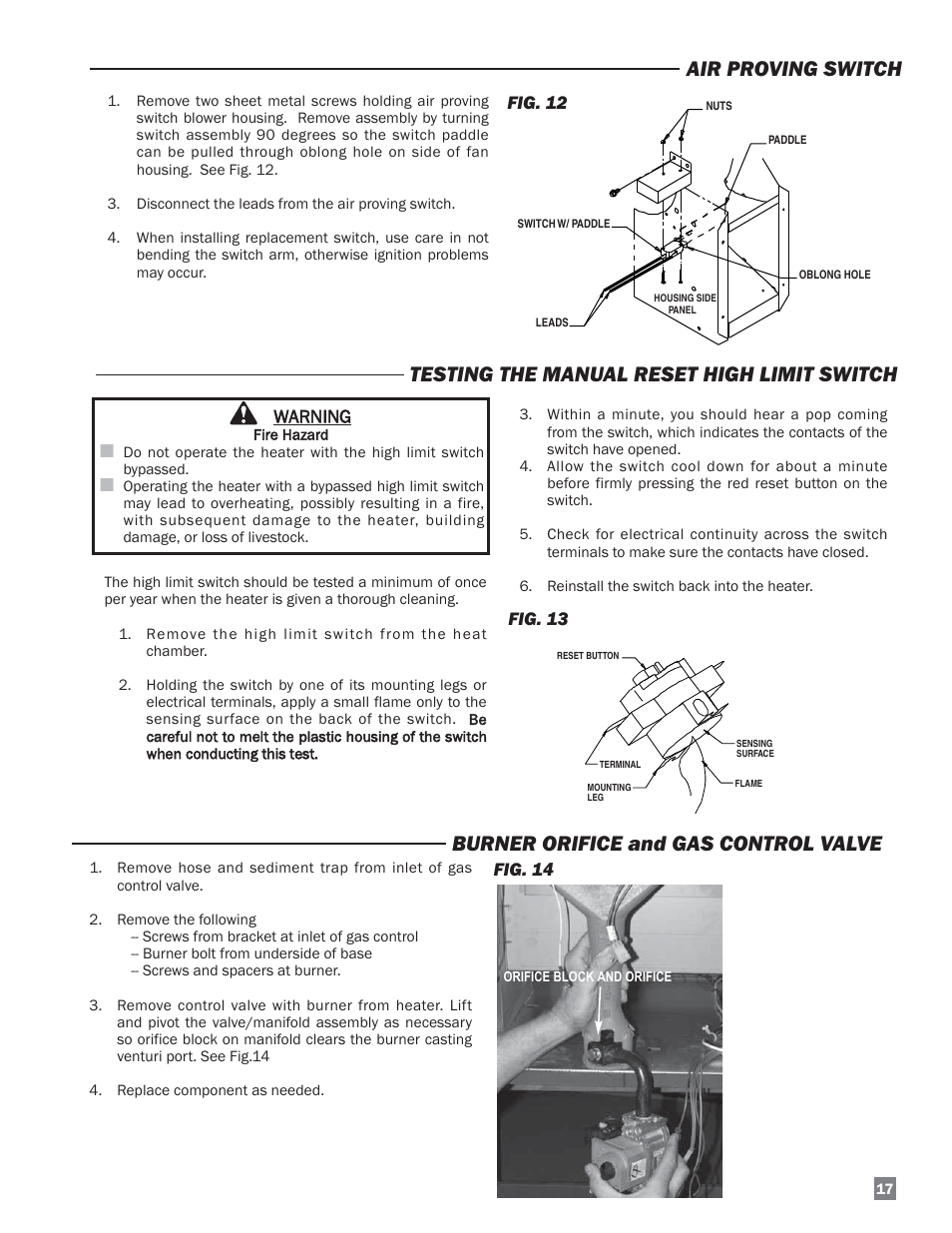 Testing the manual reset high limit switch, Air proving switch, Burner orifice and gas control valve | L.B. White HW120 Plus Therma Grow User Manual | Page 17 / 30