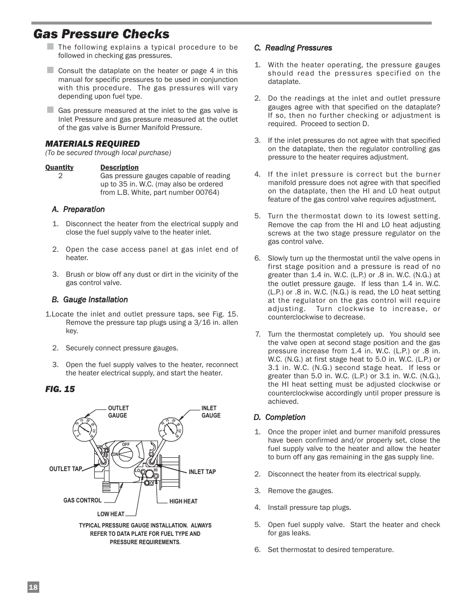 Gas pressure checks, Materials required, Fig. 15 | L.B. White HW120 Plus Therma Grow User Manual | Page 18 / 30