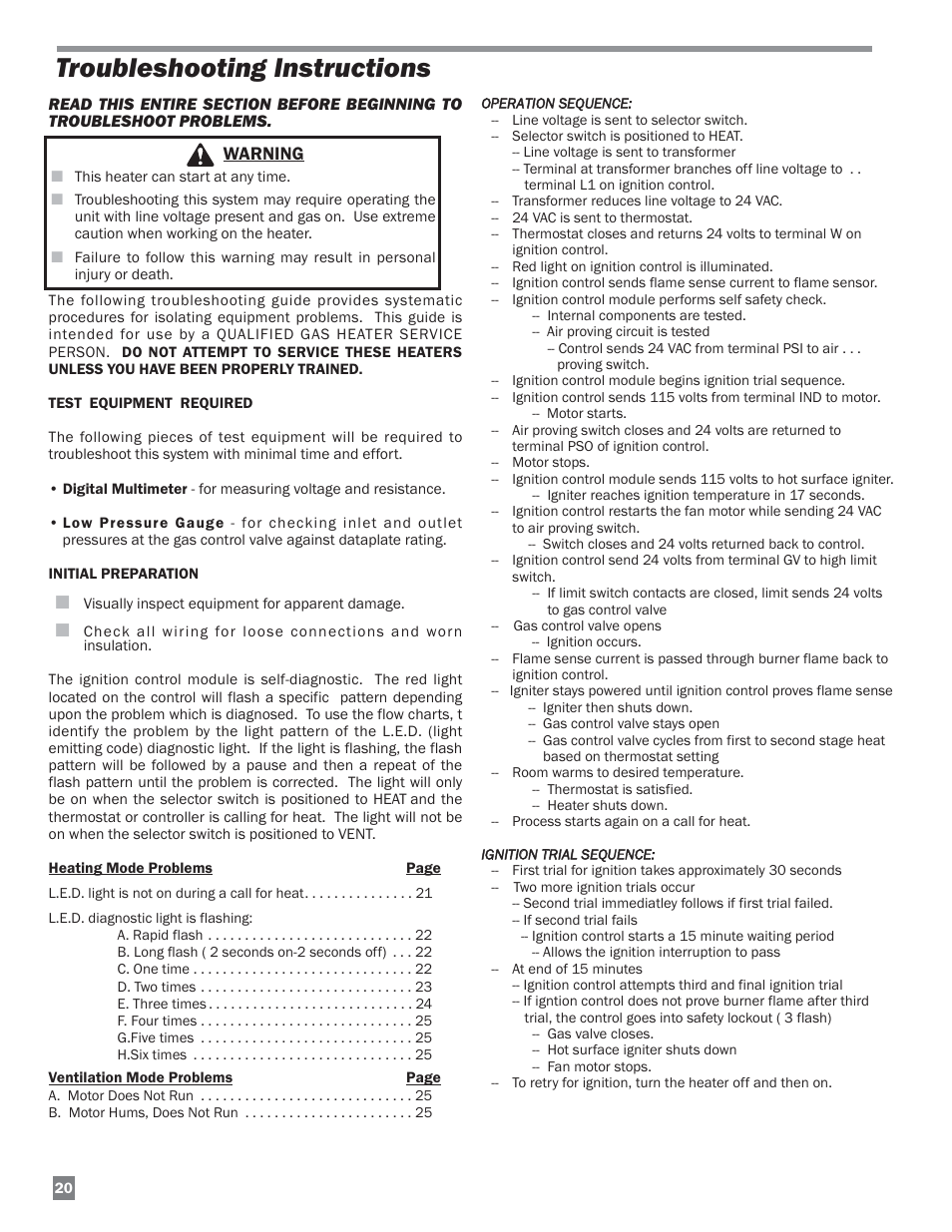 Troubleshooting instructions, Warning | L.B. White HW120 Plus Therma Grow User Manual | Page 20 / 30