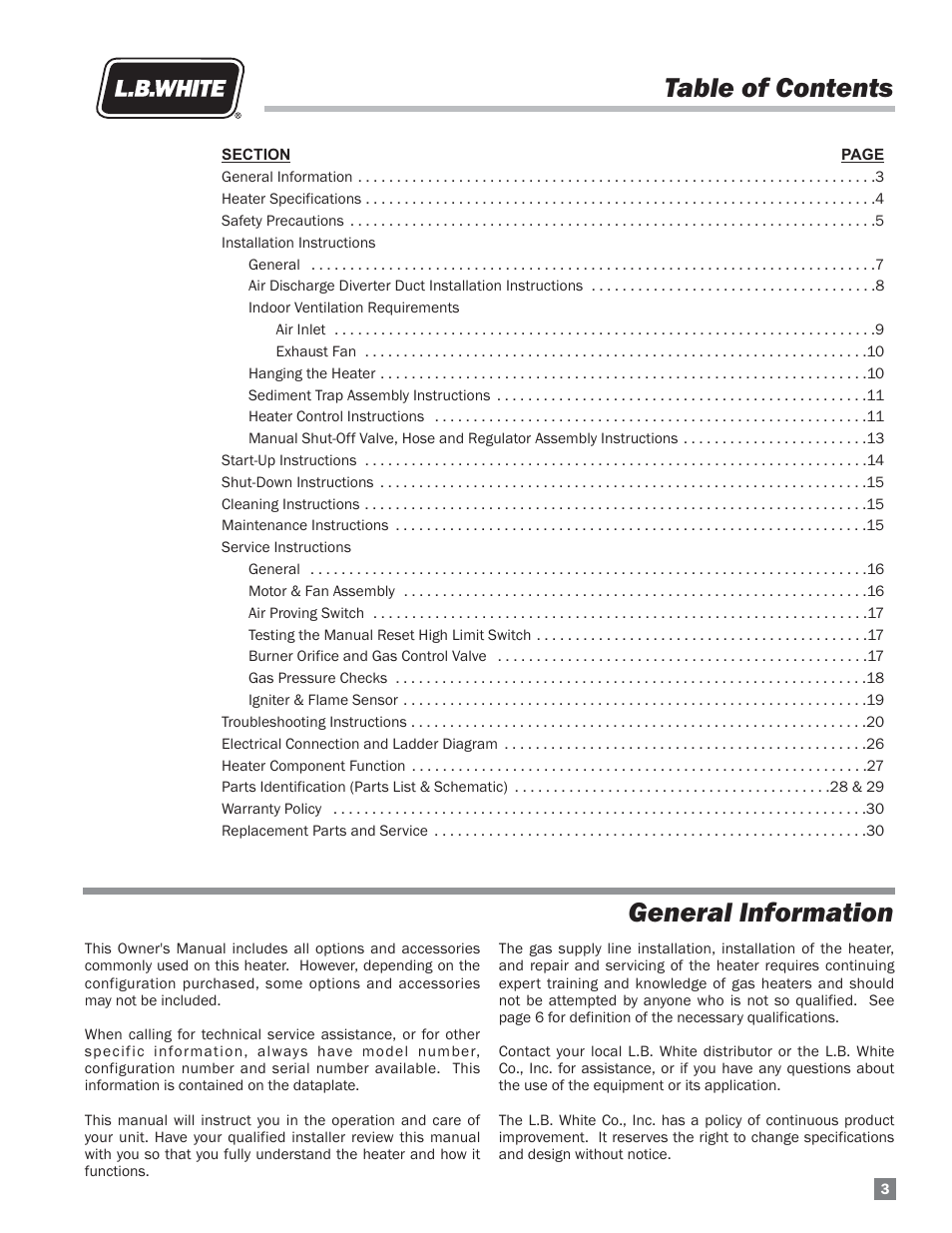 Table of contents general information | L.B. White HW120 Plus Therma Grow User Manual | Page 3 / 30