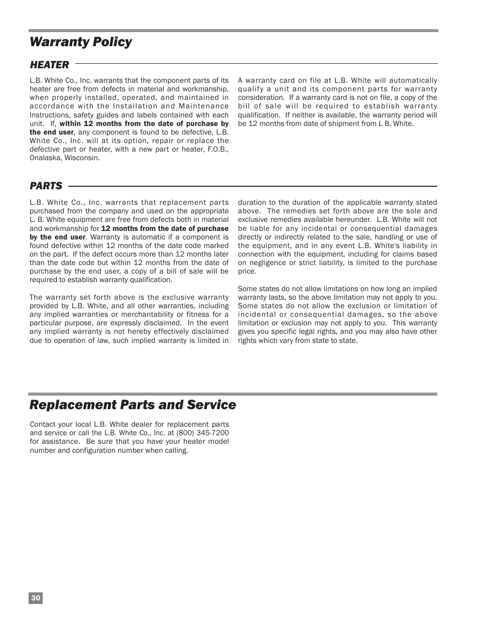 Warranty policy replacement parts and service | L.B. White HW120 Plus Therma Grow User Manual | Page 30 / 30