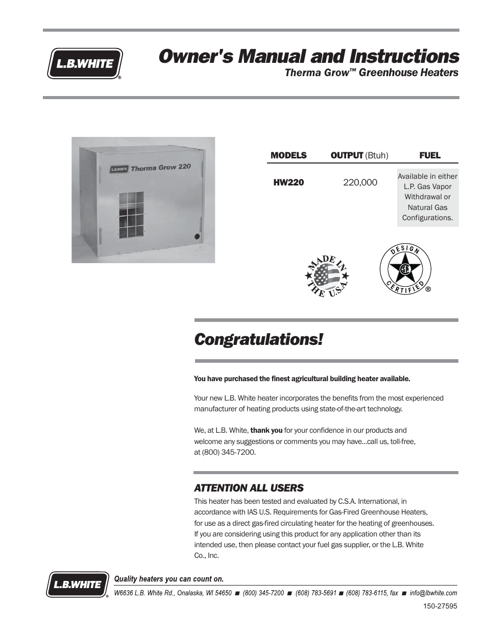 L.B. White 220 Therma Grow User Manual | 30 pages