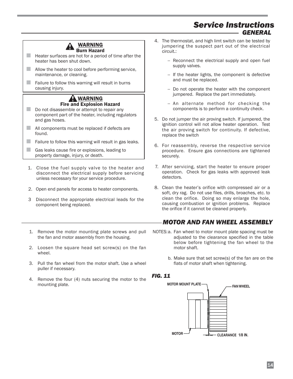 Service instructions, Motor and fan wheel assembly, General | L.B. White 220 Therma Grow User Manual | Page 15 / 30