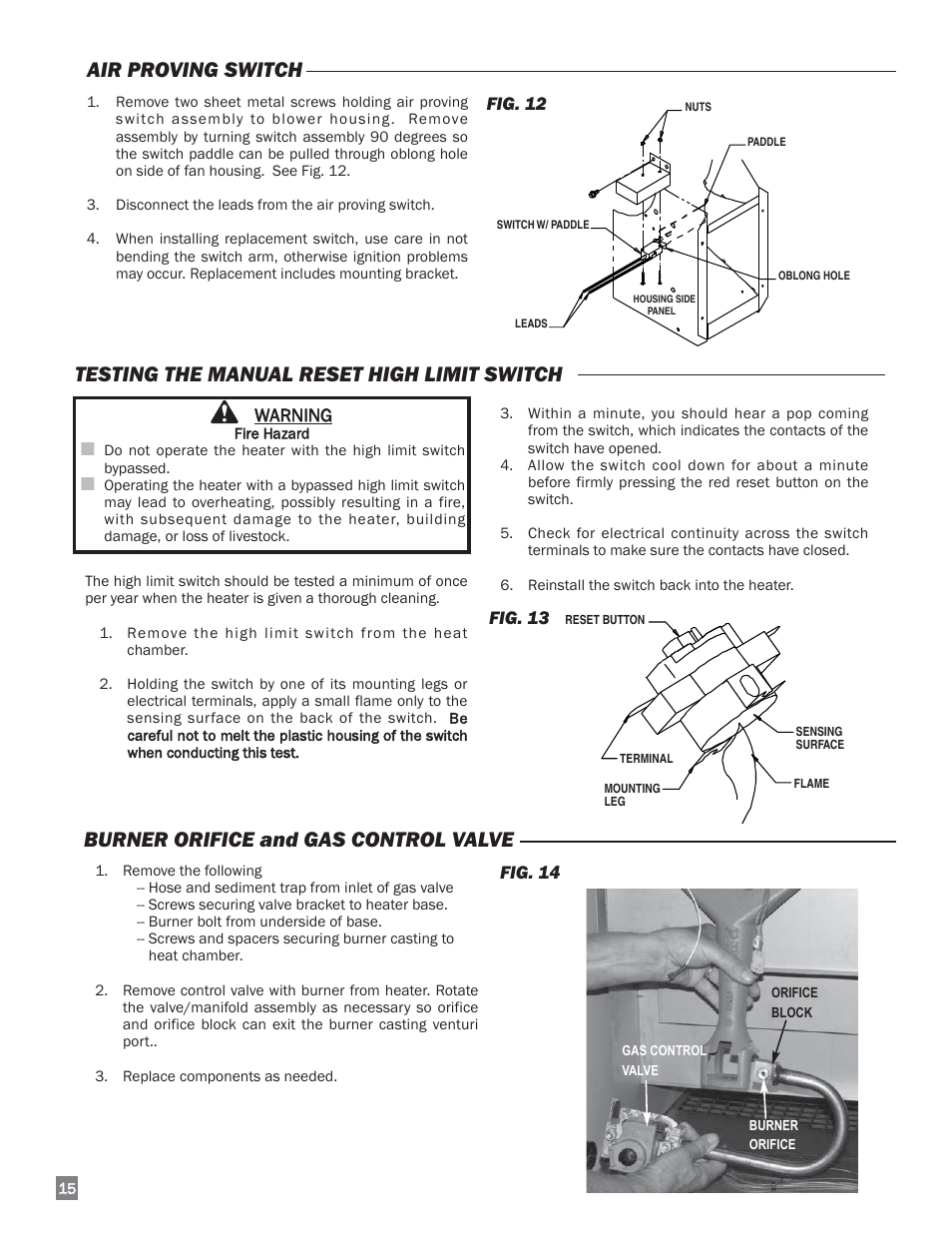 Air proving switch, Testing the manual reset high limit switch, Burner orifice and gas control valve | L.B. White 220 Therma Grow User Manual | Page 16 / 30