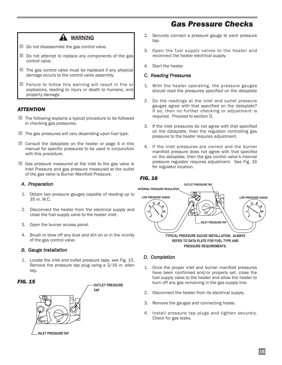 Gas pressure checks | L.B. White 220 Therma Grow User Manual | Page 17 / 30