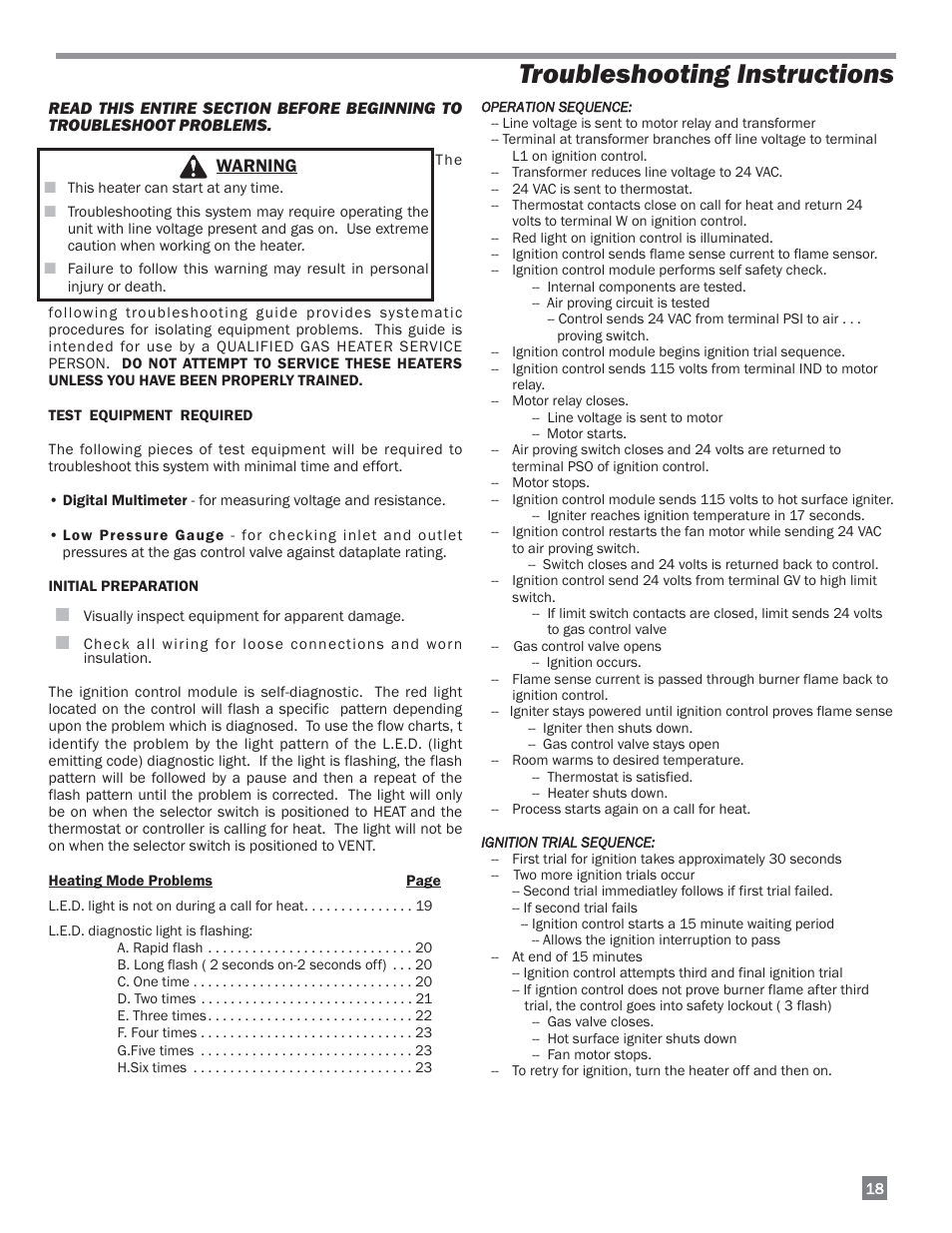 Troubleshooting instructions, Warning | L.B. White 220 Therma Grow User Manual | Page 19 / 30