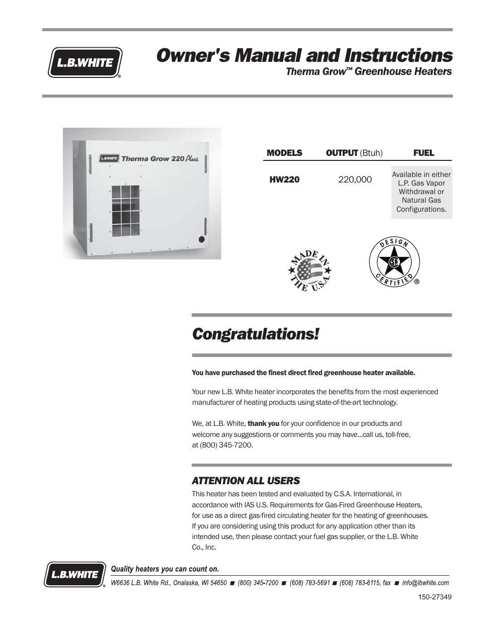 L.B. White 220 Plus Therma Grow User Manual | 32 pages