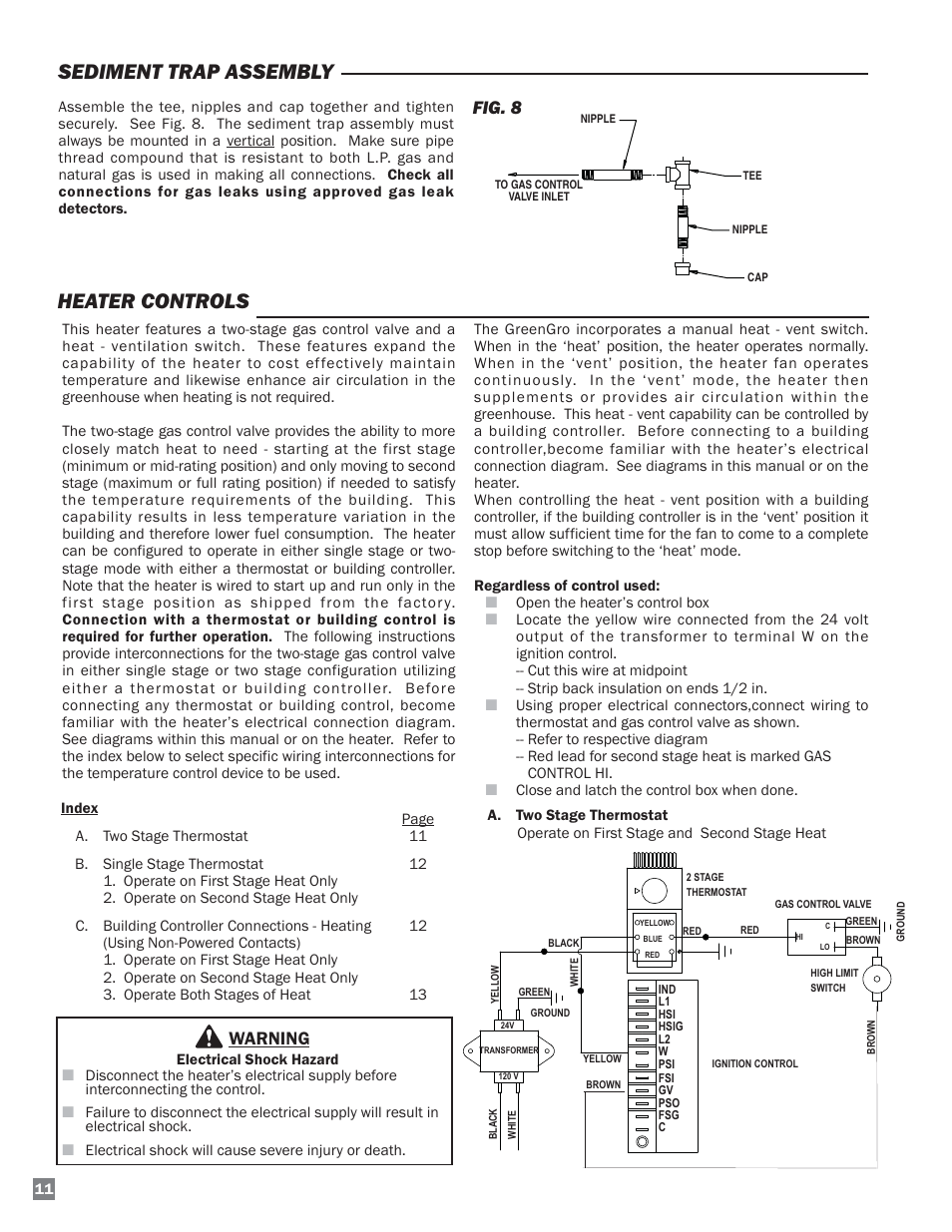 Heater controls, Sediment trap assembly, Warning | Fig. 8 | L.B. White 220 Plus Therma Grow User Manual | Page 12 / 32