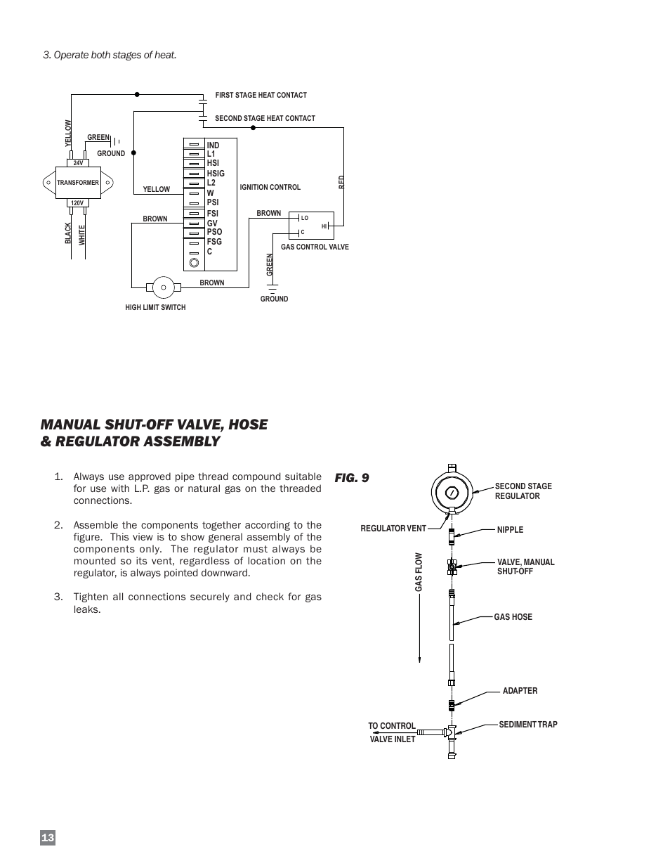 Manual shut-off valve, hose & regulator assembly, Fig. 9 | L.B. White 220 Plus Therma Grow User Manual | Page 14 / 32