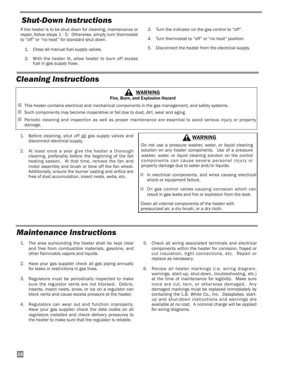 Cleaning instructions, Maintenance instructions, Shut-down instructions | L.B. White 220 Plus Therma Grow User Manual | Page 16 / 32