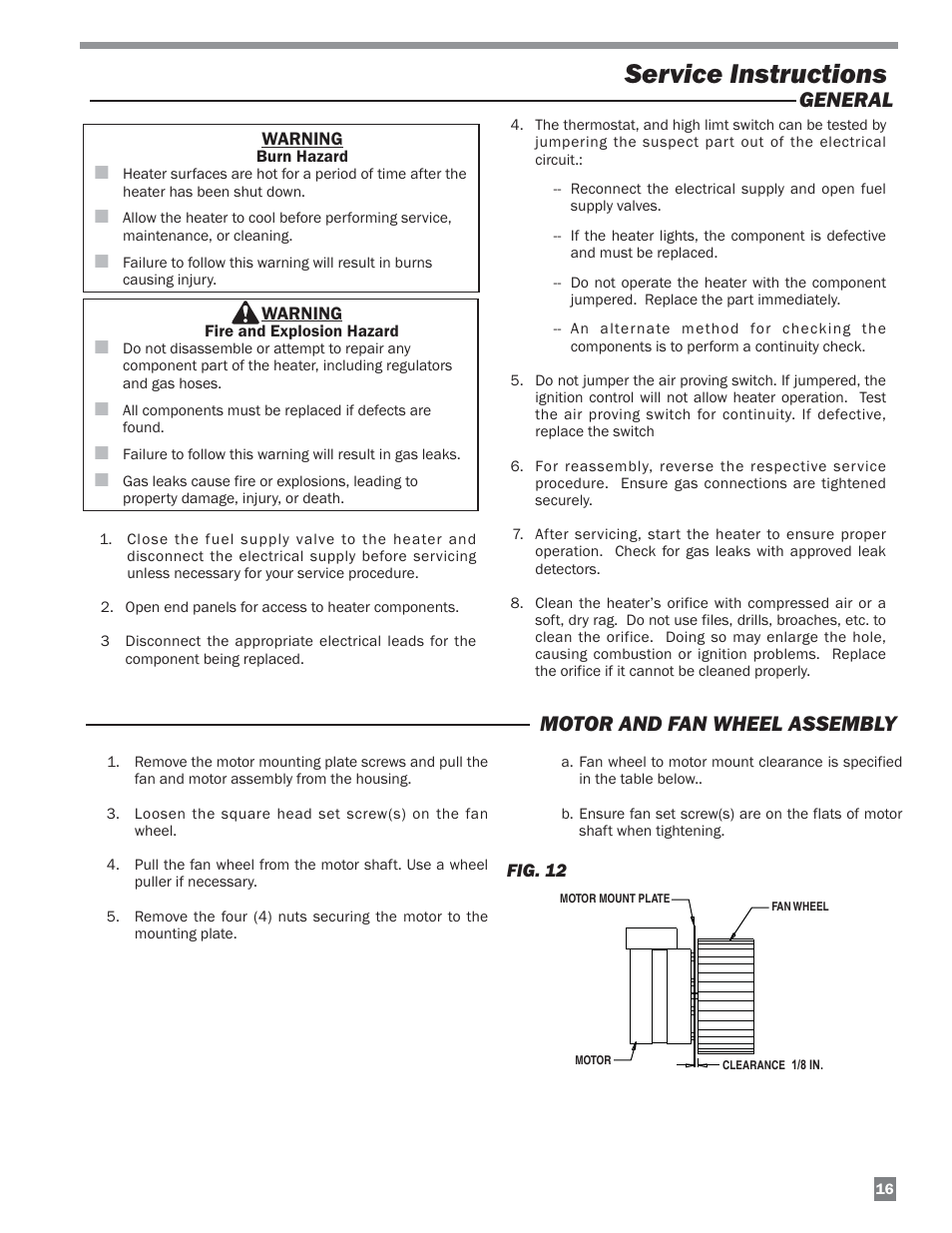 Service instructions, Motor and fan wheel assembly, General | L.B. White 220 Plus Therma Grow User Manual | Page 17 / 32