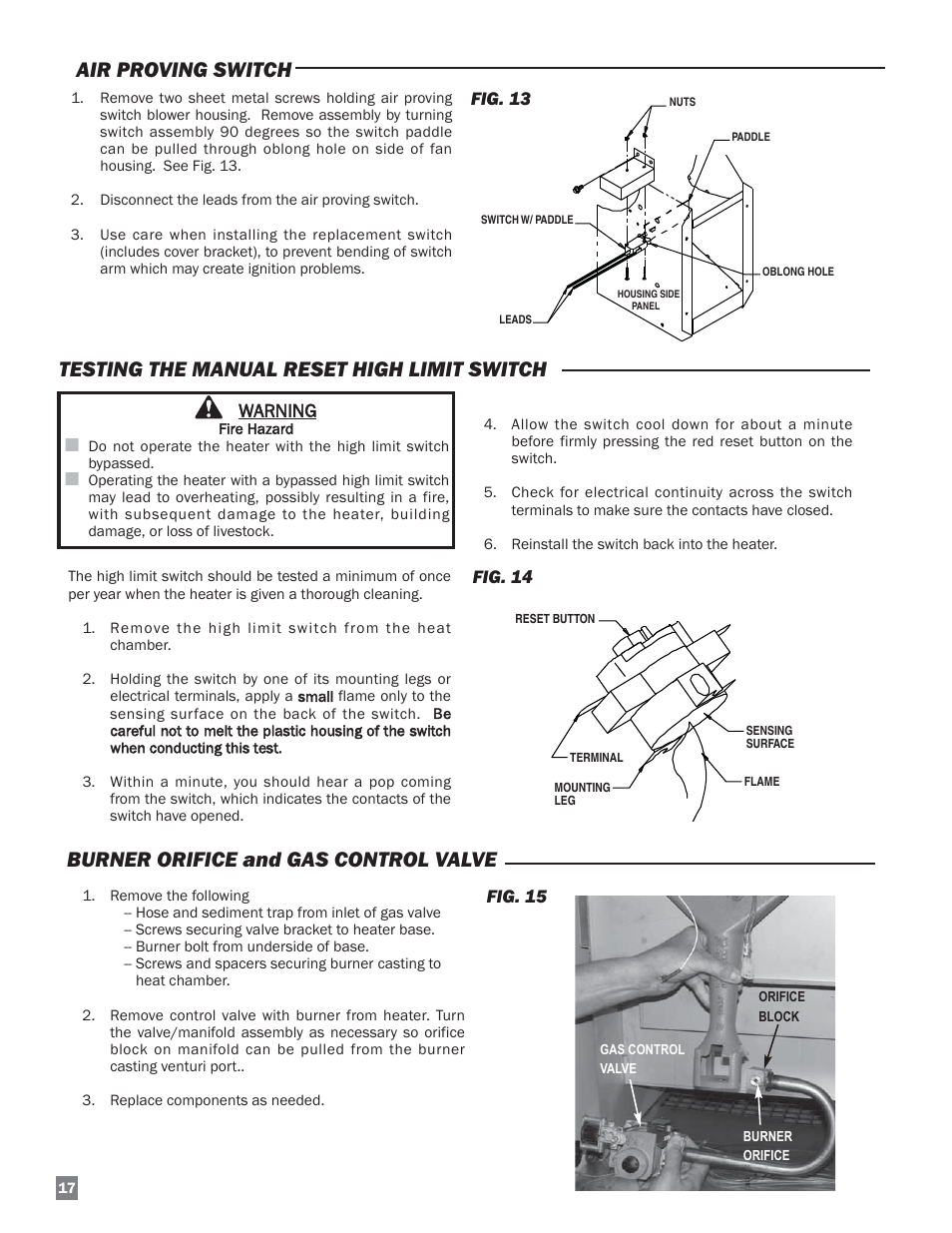 Air proving switch, Testing the manual reset high limit switch, Burner orifice and gas control valve | L.B. White 220 Plus Therma Grow User Manual | Page 18 / 32