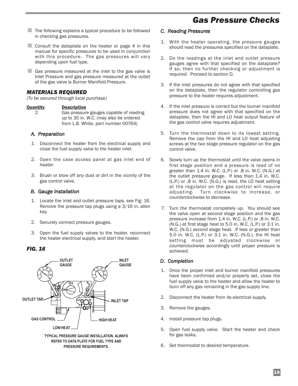 Gas pressure checks, Materials required, Fig. 16 | L.B. White 220 Plus Therma Grow User Manual | Page 19 / 32