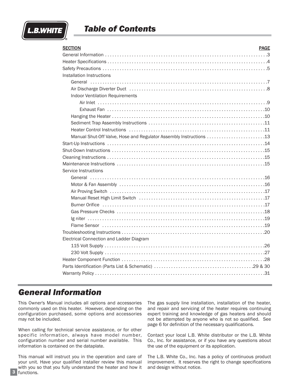 Table of contents general information | L.B. White 220 Plus Therma Grow User Manual | Page 4 / 32