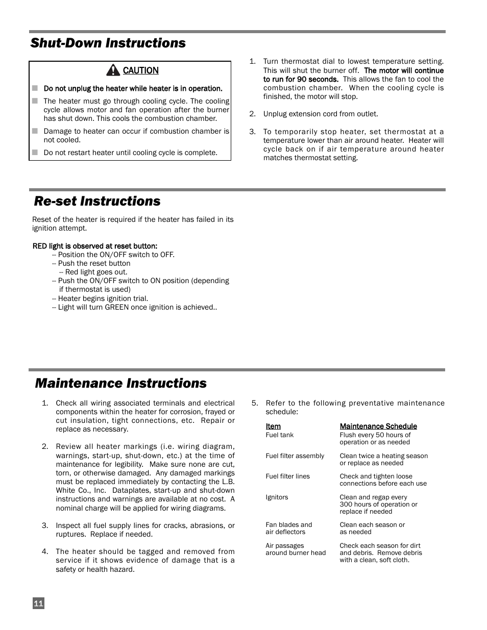 Shut-down instructions, Re-set instructions, Maintenance instructions | L.B. White 300 Director User Manual | Page 12 / 27