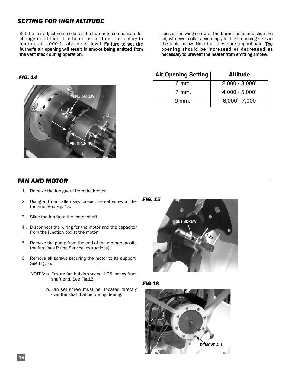 Fan and motor, Setting for high altitude | L.B. White 300 Director User Manual | Page 16 / 27