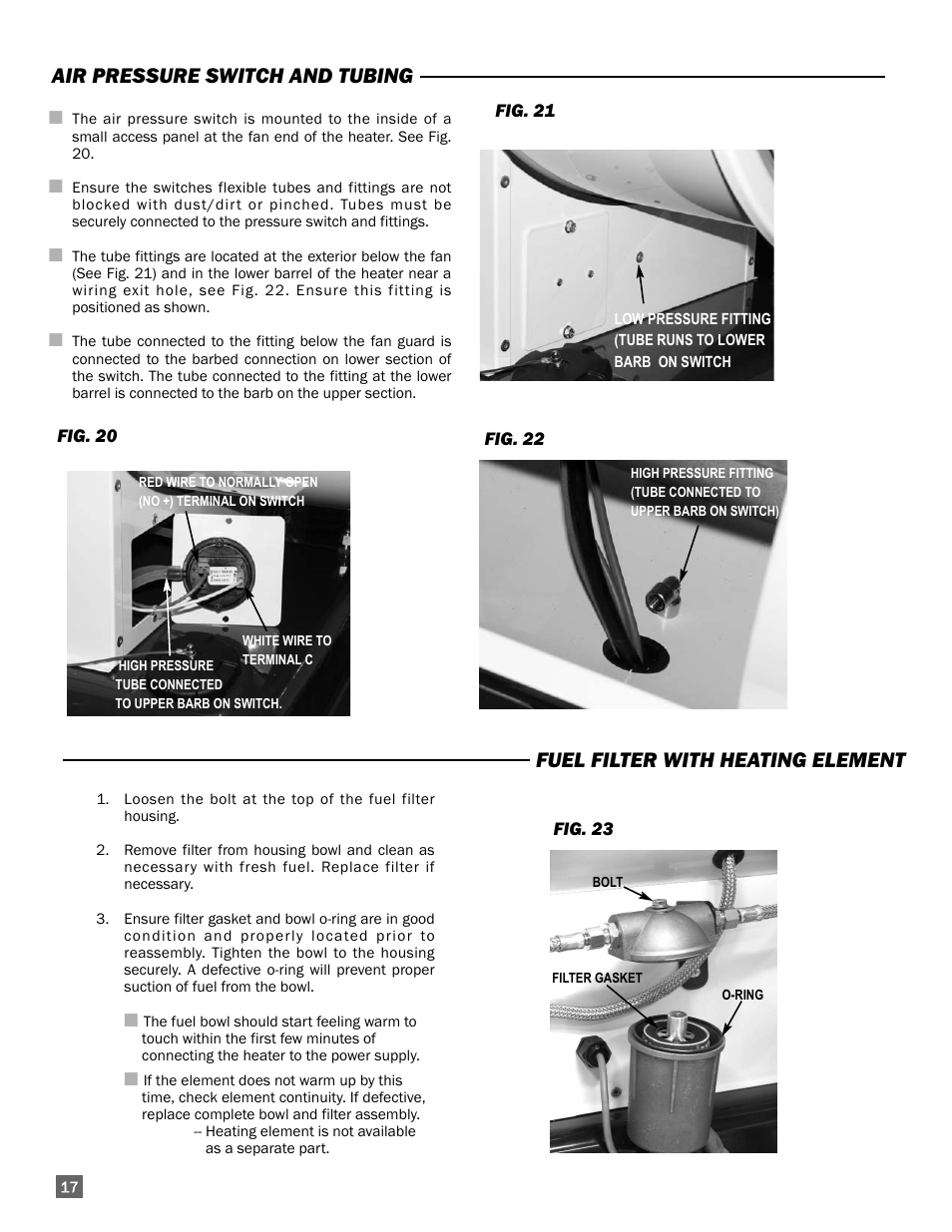 Air pressure switch and tubing, Fuel filter with heating element | L.B. White 300 Director User Manual | Page 18 / 27