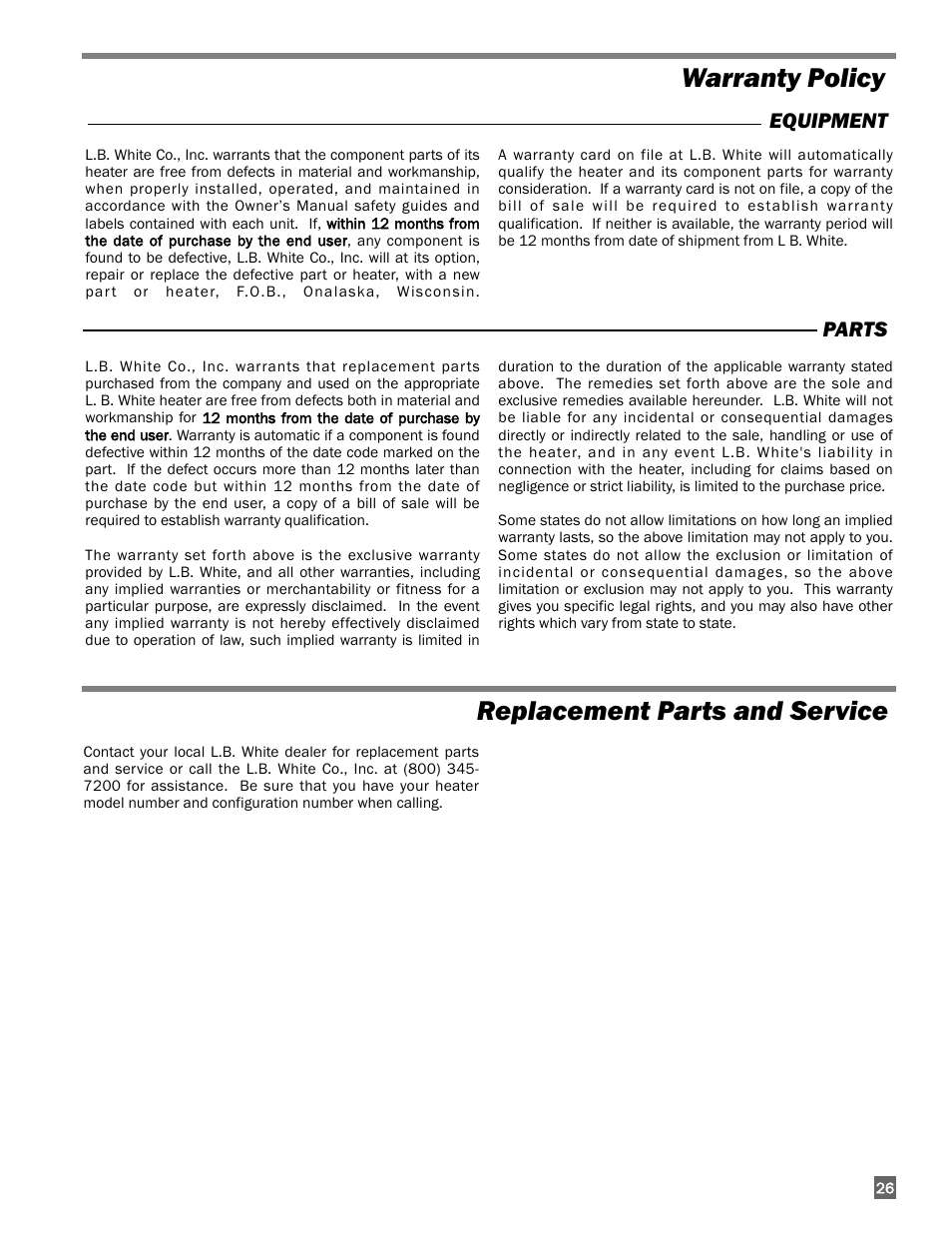 Warranty policy replacement parts and service | L.B. White 300 Director User Manual | Page 27 / 27