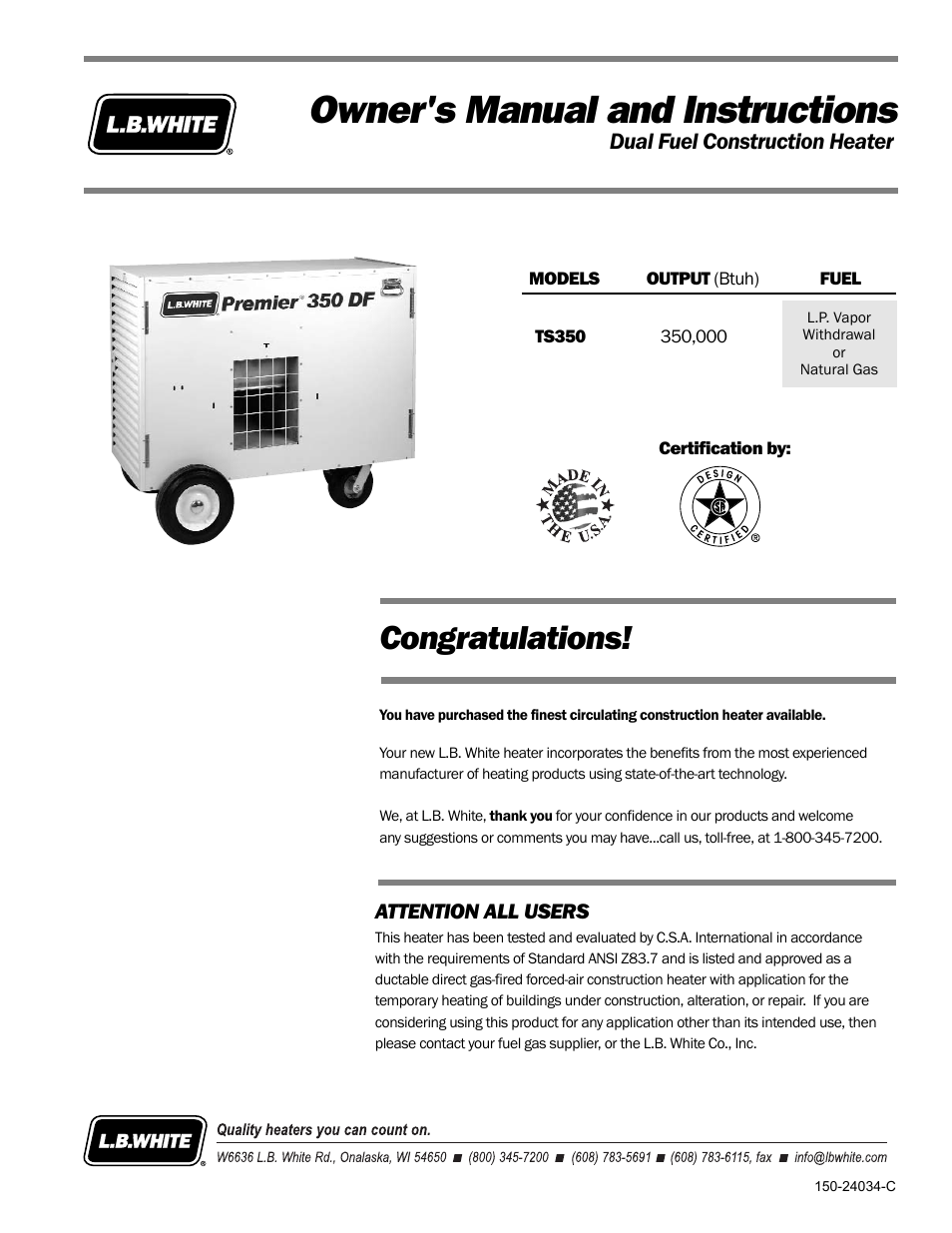 L.B. White 350 Premier Dual Fuel User Manual | 33 pages