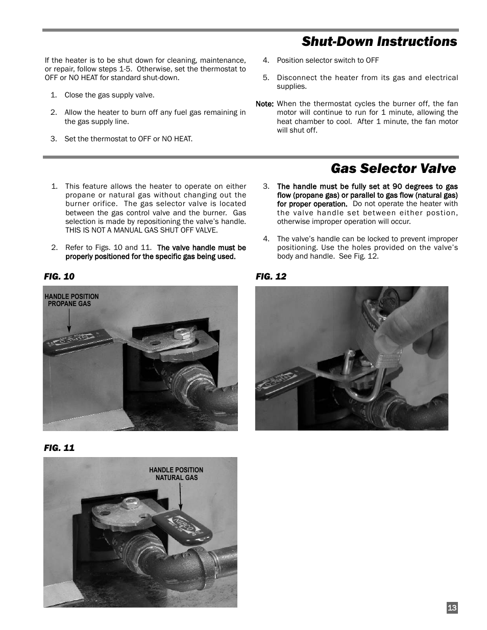 Shut-down instructions, Gas selector valve | L.B. White 350 Premier Dual Fuel User Manual | Page 13 / 33