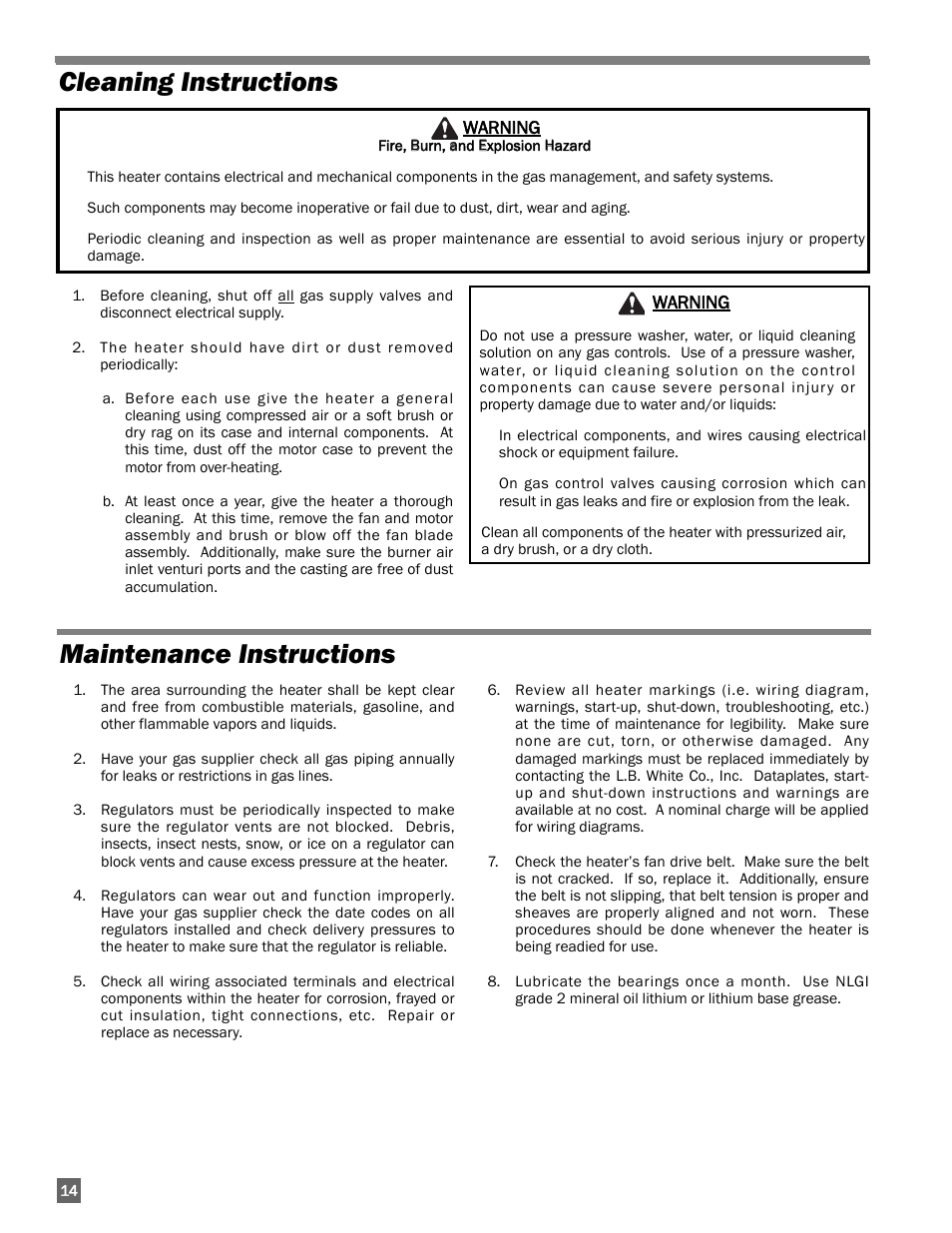 Cleaning instructions, Maintenance instructions | L.B. White 350 Premier Dual Fuel User Manual | Page 14 / 33