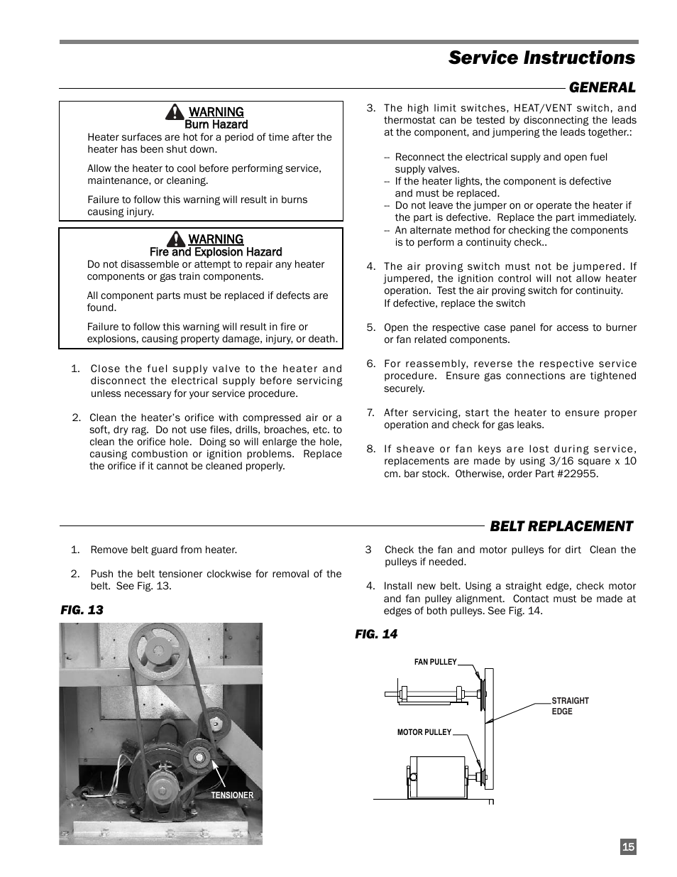 Service instructions, General, Belt replacement | L.B. White 350 Premier Dual Fuel User Manual | Page 15 / 33