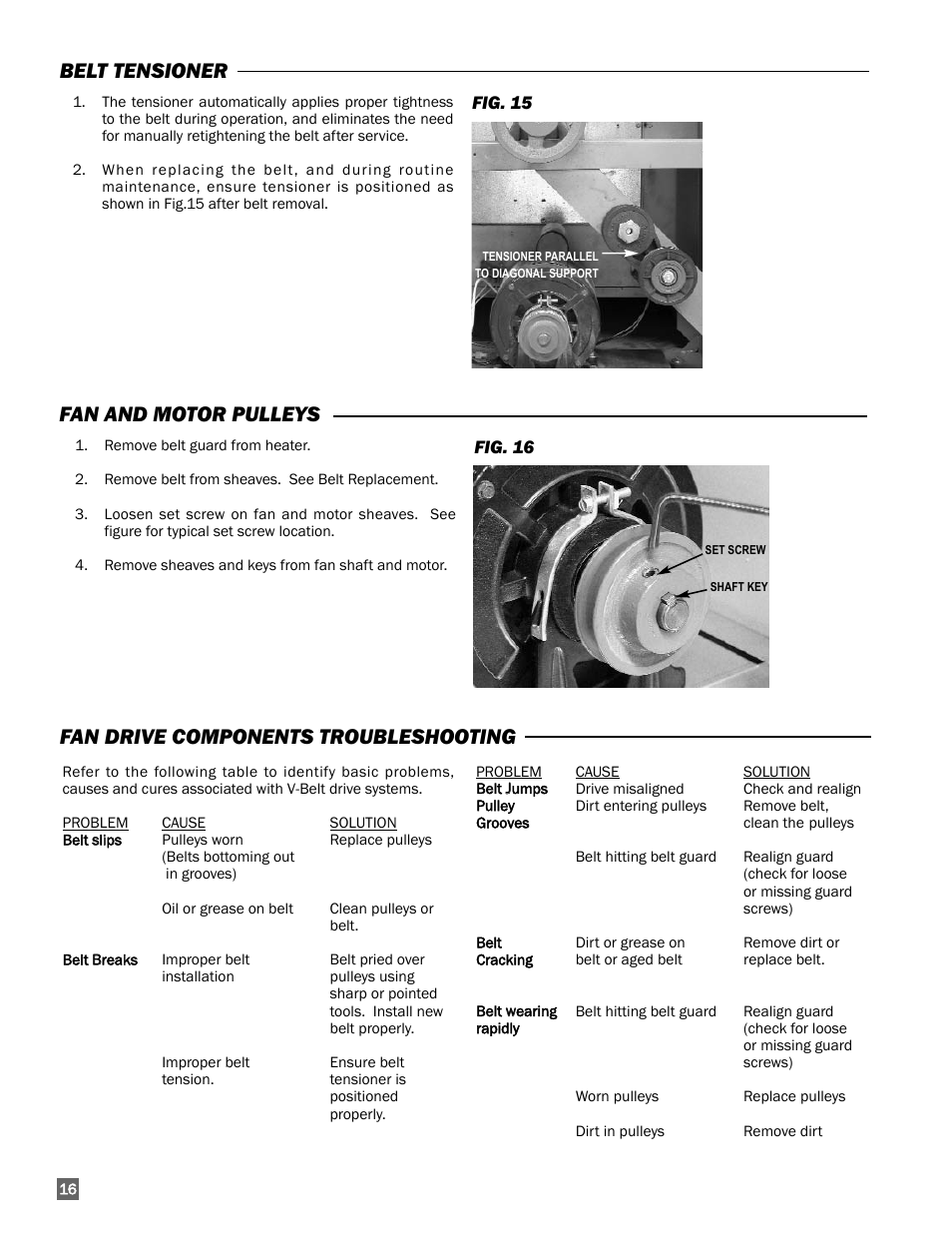 Fan and motor pulleys belt tensioner, Fan drive components troubleshooting | L.B. White 350 Premier Dual Fuel User Manual | Page 16 / 33