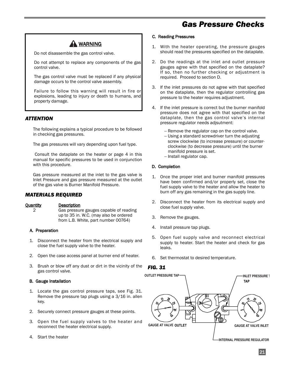 Gas pressure checks | L.B. White 350 Premier Dual Fuel User Manual | Page 21 / 33