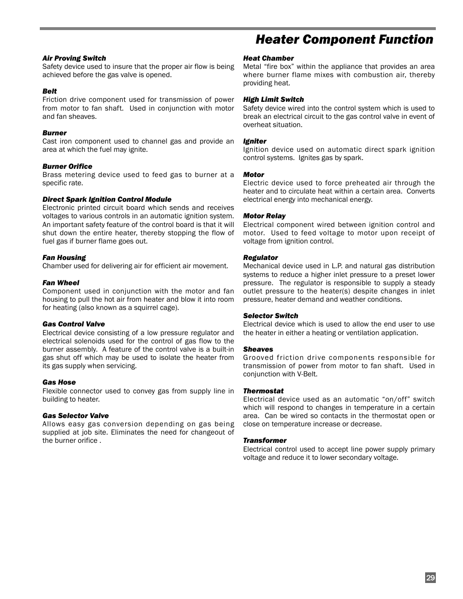 Heater component function | L.B. White 350 Premier Dual Fuel User Manual | Page 29 / 33