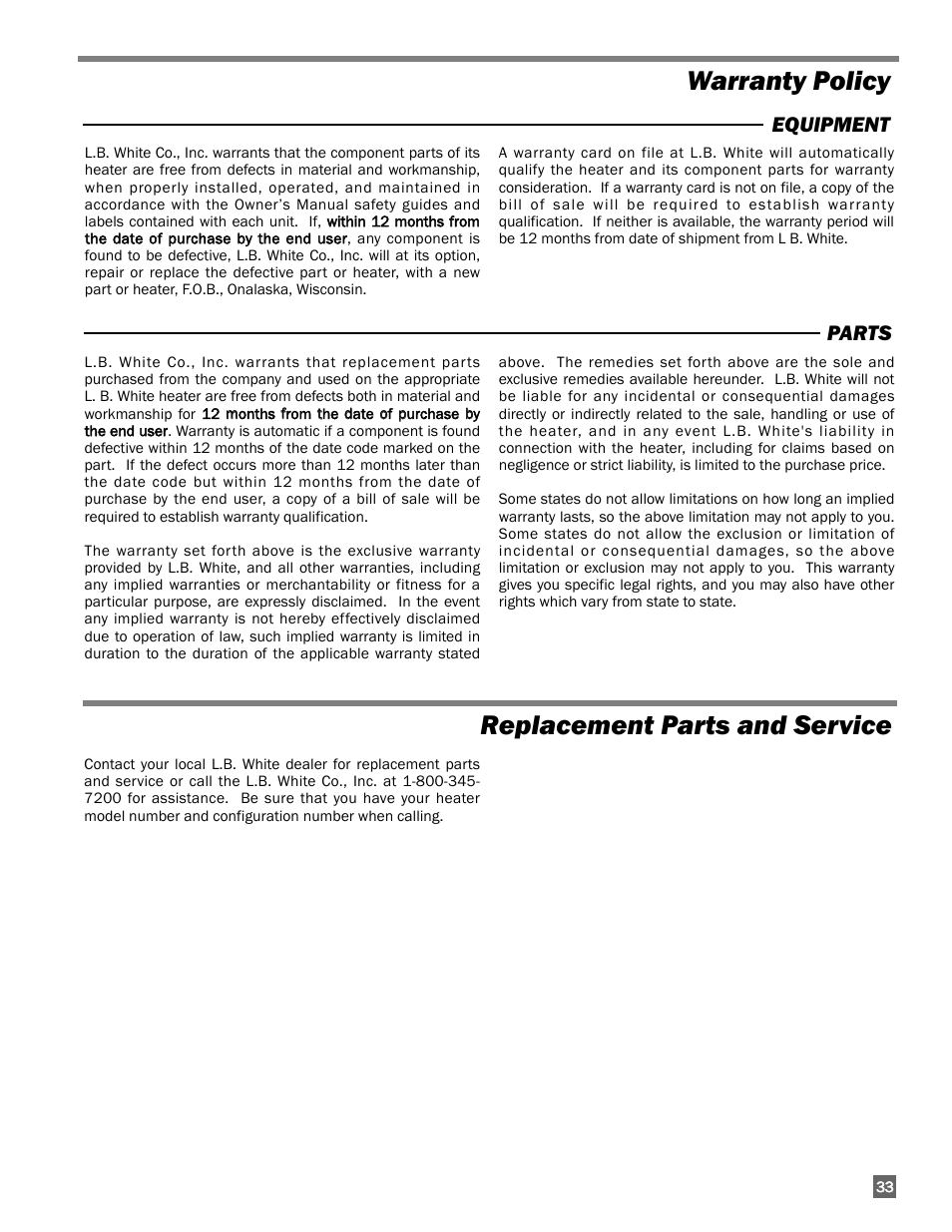 Warranty policy replacement parts and service, Equipment parts | L.B. White 350 Premier Dual Fuel User Manual | Page 33 / 33