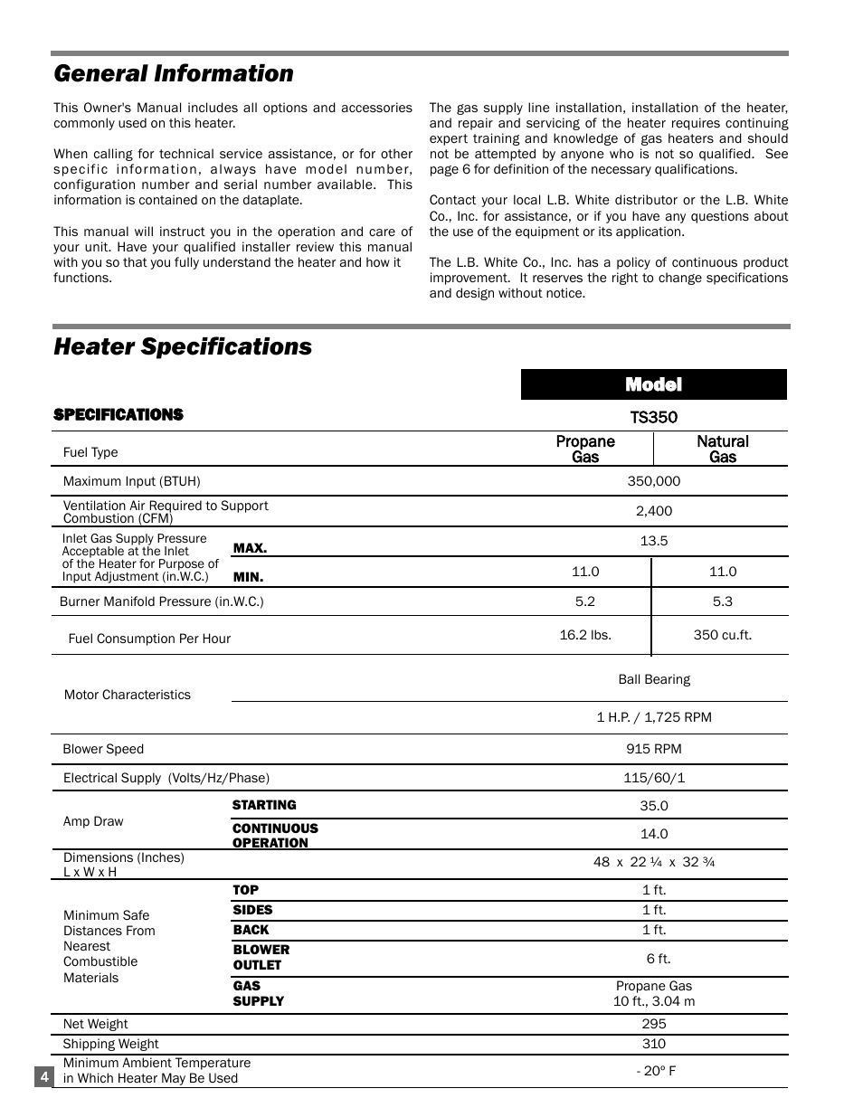 Heater specifications, General information, Mmo od de ell | L.B. White 350 Premier Dual Fuel User Manual | Page 4 / 33