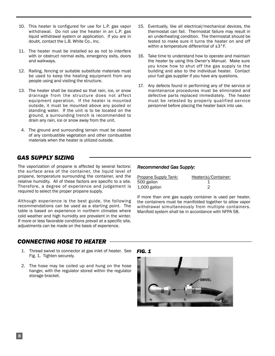 Gas supply sizing, Connecting hose to heater | L.B. White 350 Premier Dual Fuel User Manual | Page 8 / 33