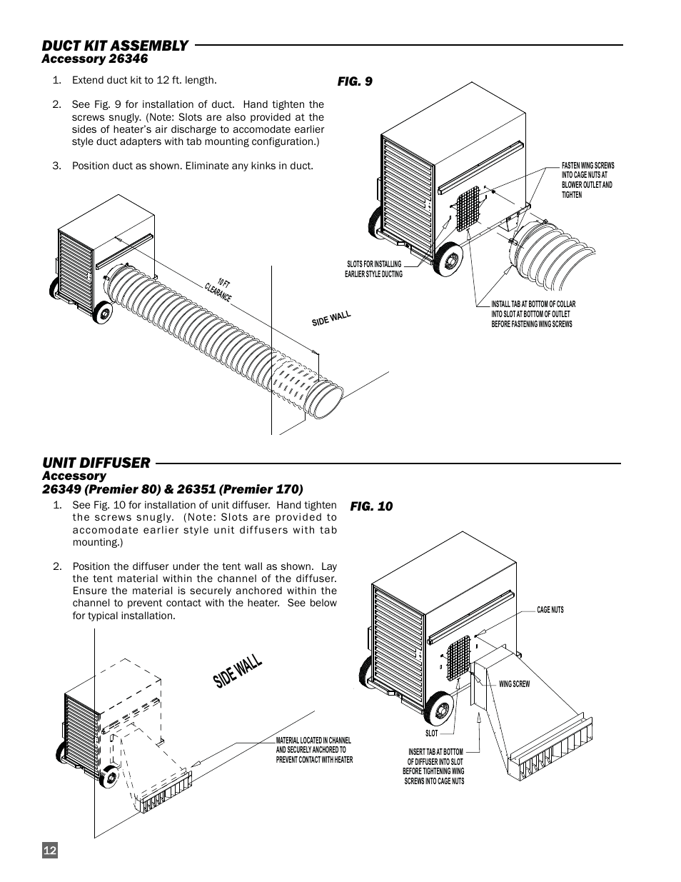 Side w all, Duct kit assembly, Unit diffuser | L.B. White 170 Premier User Manual | Page 12 / 34