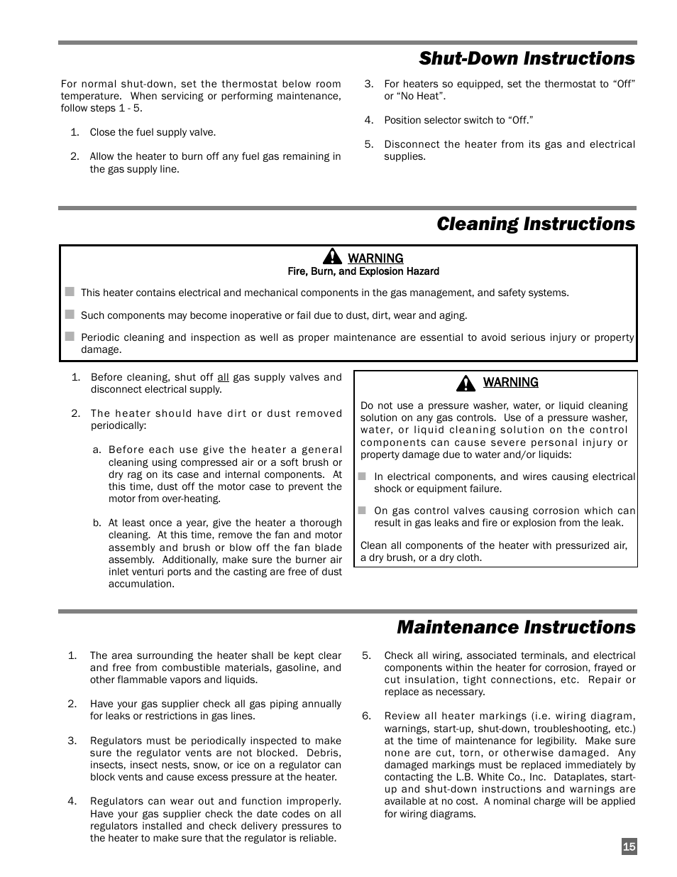 Maintenance instructions, Cleaning instructions, Shut-down instructions | L.B. White 170 Premier User Manual | Page 15 / 34