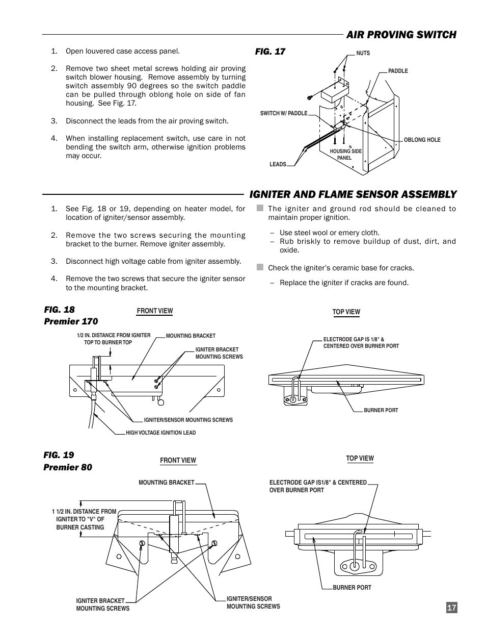 Igniter and flame sensor assembly, Air proving switch, Fig. 19 premier 80 | Fig. 17 | L.B. White 170 Premier User Manual | Page 17 / 34