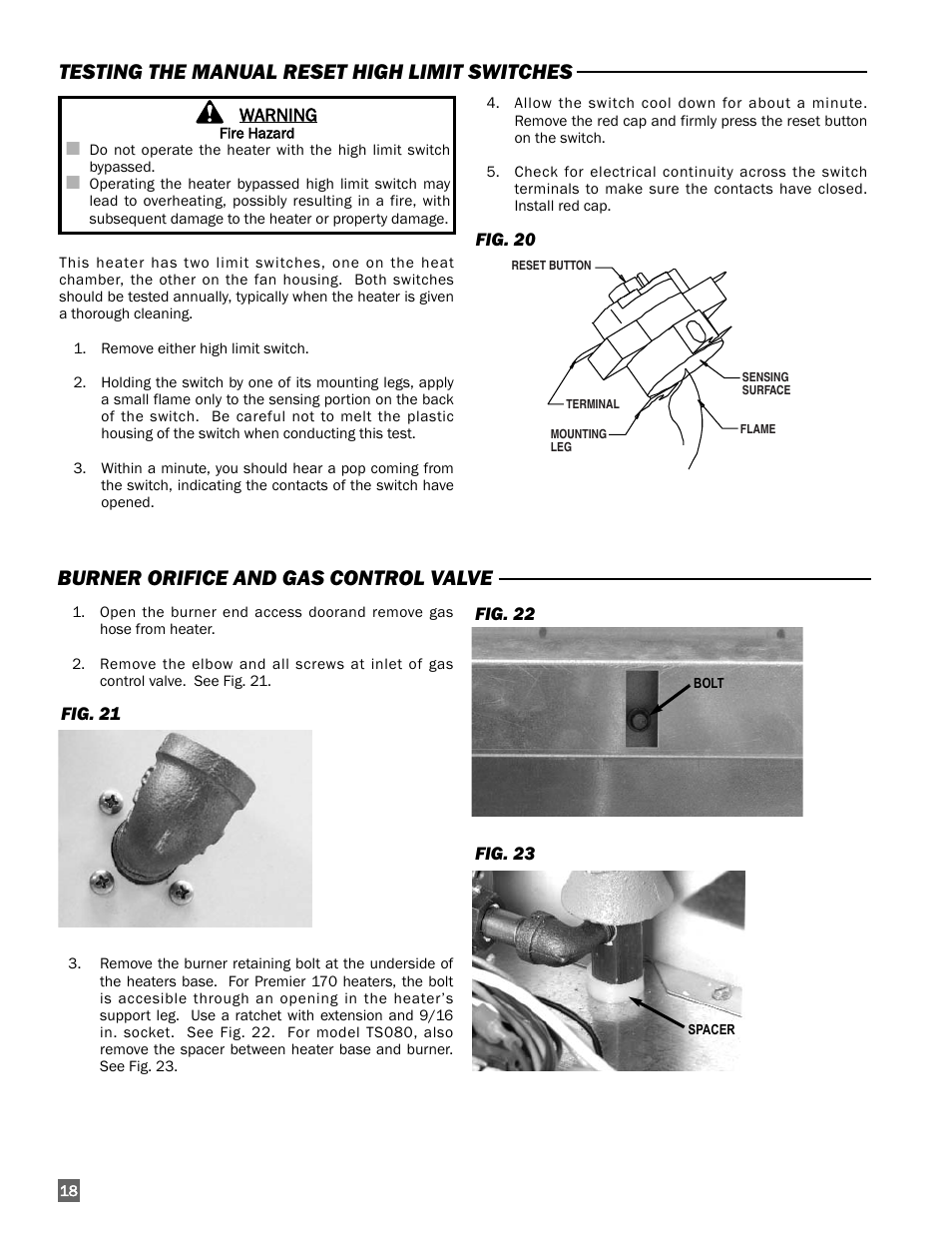 Testing the manual reset high limit switches, Burner orifice and gas control valve | L.B. White 170 Premier User Manual | Page 18 / 34