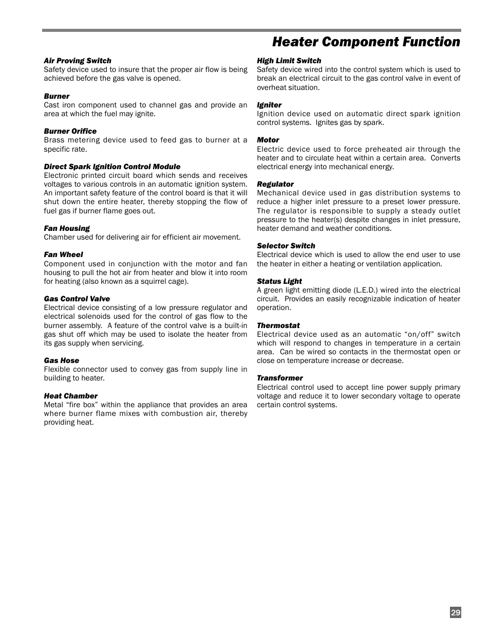 Heater component function | L.B. White 170 Premier User Manual | Page 29 / 34